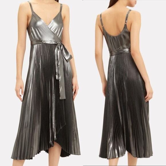 A.L.C. Metallic Silver Kristo Pleated Wrap Midi Dress 0 - Picture 2 of 11